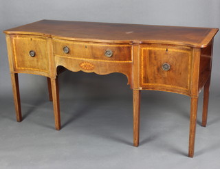 A Georgian inlaid and crossbanded mahogany sideboard of serpentine outline, fitted 1 long drawer flanked by a short drawer and a cellarette drawer, raised on square tapered supports 92cm h x 181cm w x 76cm d 
 