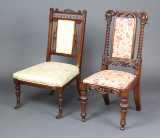 A Victorian carved mahogany show frame hall chair with upholstered seat and back, carved apron, raised on turned supports, together with an Edwardian carved mahogany show frame nursing/bedroom chair with bobbin turned decoration, upholstered seat and back, on turned supports 