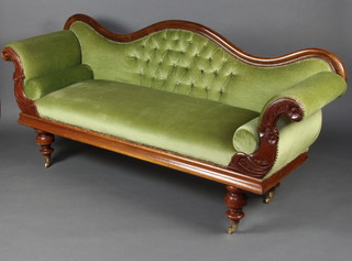 A William IV mahogany show frame sofa upholstered in green buttoned dralon and raised on turned supports 94cm h x 210cm w x 60cm d 