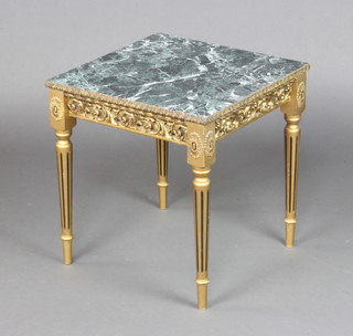 A French style gilt and faux marble occasional table raised on turned and fluted supports 47cm h x 44cm w x 44cm d 