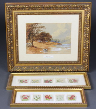 A 19th Century watercolour river scene 21cm x 29cm in a gilt frame and 10 Kensitas silk cigarette cards contained in 2 frames 
