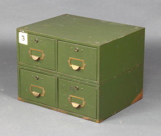 A mid 20th Century industrial green painted metal 4 drawer table top index filing chest 36cm h x 48cm w x 40cm 