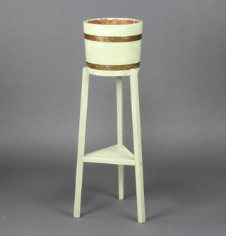 A green painted coopered oak 2 tier jardiniere stand raised on square supports 90cm x 26cm x 30cm 