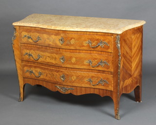 A French Kingwood and inlaid marquetry commode of serpentine outline with veined marble top, fitted 3 long drawers, raised on cabriole supports with gilt metal mounts throughout 82cm h x 123cm w x 51cm d 