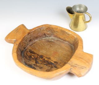 A wooden twin handled bowl 8cm x 42cm x 29cm, a brass shaving mug 