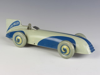 A Chad Valley Harbourne No 10003 clockwork racing car in blue and grey livery, 29cm long
