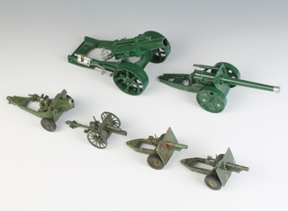 A set of 5 Britains artillery to include a 4.5" Howitzer No. 1725 , 2 x field gun 641319, 4.7" Naval Gun 1264,  a 25 Pdr Gun Howitzer No. 2026  and an 18" heavy Howitzer No. 9740 (with complete spring cartridge case and projectile shell). Included is a Crescent 1249 British WW1 18pdr field gun