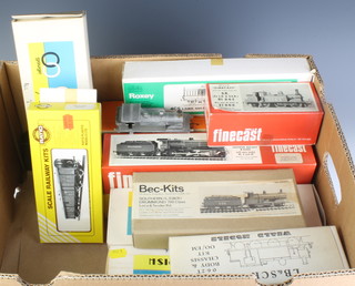 A Wills finecast model locomotive (unmade up), 3 Nu-cast model locomotives, a Keyser model locomotive kit, 3 Graham Farish coach kits etc 