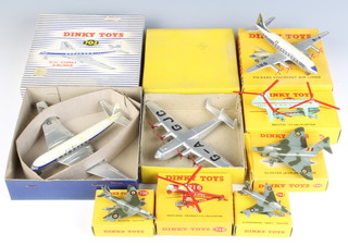 Eight Boxed Dinky Aircraft to include 702 D.H. Comet Jet Airliner, 704 Avro York Airliner, 706 Vickers Viscount Airliner,715 Bristol 173 Helicopter,  716 Westland Sikorsky S51 Helicopter, 734 Submarine Swift Fighter, 735 Gloster Javelin Fighter, 736 Hawker Hunter Fighter
