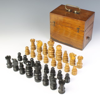 A St Georges pattern turned wooden chess set, contained in a 19th Century mahogany scientific instrument box  