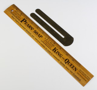 A Pears Soap advertising ruler marked A & F Pears, the reverse with calendars for 1914,15 and 16 35cm x 4.5cm together with a brass button stick 16cm 
