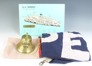 Of Merchant Navy interest, the ships bell from M.V. Cicero 1970 15cm x 15cm, a ships plan for M.V. Spero 30cm x 42cm, a blue and white cloth burgee being MV Spero's official commissioning pendant 87cm x 272cm and 1 other flag with red over white 