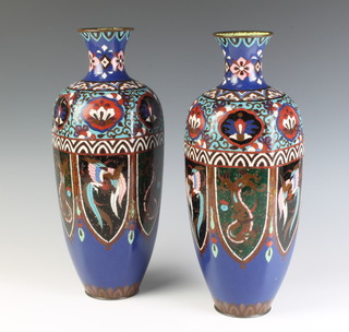 A pair of 19th Century Japanese hexagonal green ground cloisonne enamelled vases with panel decoration 36cm (1 f), 