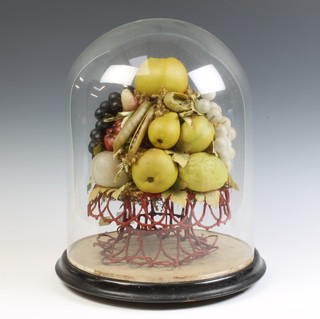 A Victorian arrangement of waxed fruit contained under a glass dome 37cm h x 24cm 