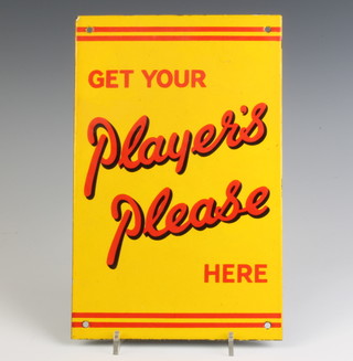 An enamelled "Get Your Player's Please Here" advertising sign 28cm x 18cm, the reverse with Garner Signs label 
