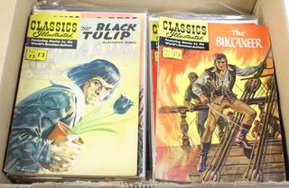 Sixty one Classic Illustrated Comics nos 3 (cover detached), 5 , 6 (AUS), 7 , 8, 12 (USA) , 19 (USA), 26 (USA), 27, 30, 30 (USA), 36, 45, 46 (USA), 48 (USA), 53 (AUS), 55, 56A, 57,58, 59, 60 (USA with 1/3d sticker over price ), 61, 62, 63, 64, 65 (USA), 71 (AUS), 72, 73, 75 (USA), 84  (USA), 85 (AUS), 85, 86, 87 (X2), 88, 89, 90, 91, 91 (USA), 94 105, 106, 107, 108, 109, 110, 111, 112, 113, 114 (AUS), 121, 122, 124 (USA), 128, 129 (USA), 138 (USA), 153 (USA) 
