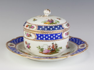 A Meissen pot and cover decorated with figures and flowers with floral finial 10cm with an en suite plate 19cm