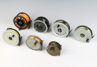 An Alcock centre pin fishing reel 8", a Mitchell 710 automatic reel 8", a Ryobi 355MG centre pin trout reel, a rim fly Intrepid, a Ryobi Gilfin 444 reel, a Scierra centre pin reel and a brass reel with horn handle 6"