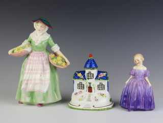 A Royal Doulton figure Daffy Down Dilly HN1712 20cm a Coalport pastille burner The Blue House and a Royal Doulton figure Marie Hn1370