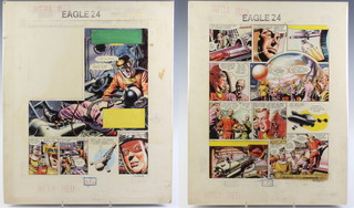 Frank Hampson (1918 - 1985). An original pair of storyboard artworks for Dan Dare from The Eagle comic front and back back cover vol. 10 no. 25. Watercolours on board from the story series "Terra Nova". These were among the last artworks by Frank Hampson for the Eagle and Dan Dare coinciding with the 1959 printers strike. Hampson was a British Illustrator and creator of Dan Dare.