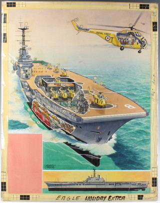Leslie Ashwell Wood, 1964, an original cutaway illustration from The Eagle Holiday extra, watercolour on board of an aircraft carrier 