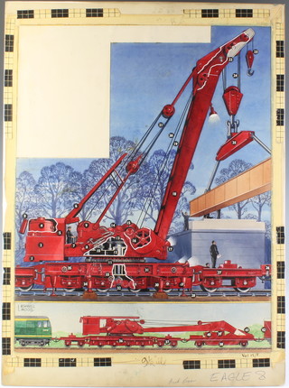 Leslie Ashwell Wood, 1964, an original cutaway illustration from The Eagle Volume 15, number 8, watercolour on board of a crane, 55cm h x 40cm w