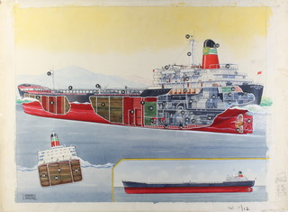 Leslie Ashwell Wood, 1964, an original cutaway illustration from The Eagle volume 15, number 13, watercolour on board  of an oil tanker 