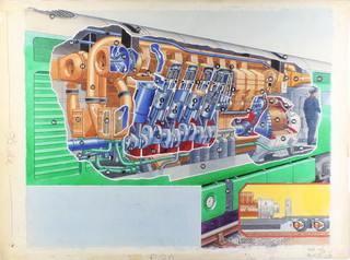 Leslie Ashwell Wood, 1964, an original cutaway illustration from The Eagle volume 15, number 6, watercolour on board of a diesel locomotive 