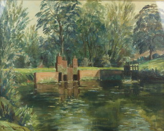 Morris F Codner (1888-1958), oil on board, a river landscape with lock 39cm x 49cm 