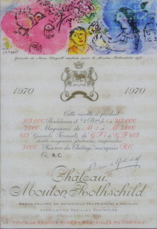 Wine label, Chateau Mouton Rothschild 1970 with design by Marc Chagall, framed, 14cm x 10cm 