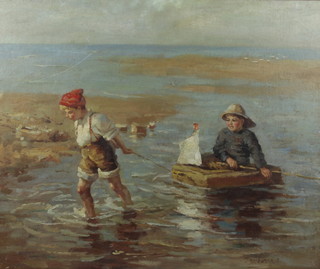 20th Century oil on board, indistinctly signed, study of 2 boys playing in the sea, 50cm x 60cm 
