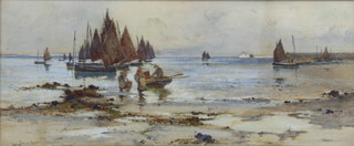 Joseph Hughes Playton (1891-1929), watercolour signed, moored fishing vessels off a beach with figures 25cm x 60cm 