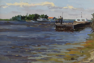 Piotr Soulimenko (1914-1996), oil on board signed and dated 1960, "The Pier on the River Dnieper" 22cm x 32cm 