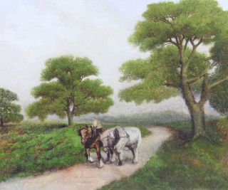 20th Century, pastel, unsigned, rural scene with a rider and two shire horses, 47cm by 56cm