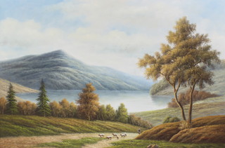 20th century, oil, on canvas, unsigned, extensive moutainous landscape with shepherd and flock, 60cm by 96cm