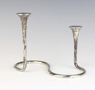 A stylish sterling silver 2 light candle holder, 195 grams, 12cm 