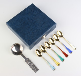 A set of 6 silver gilt and guilloche enamel coffee spoons by David Andersen together with a caddy spoon 