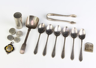 A set of 6 silver coffee spoons and sugar tongs, Sheffield 1931, a caddy spoon, 2 medallions a small collection of silver sixpences  100 grams 