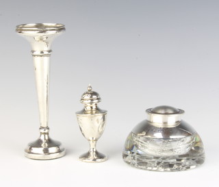 A circular cut glass inkwell with silver mount Birmingham 1903 8cm, a spill vase and pepperette