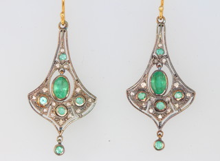 A pair of gilt emerald and diamond Edwardian style drop earrings