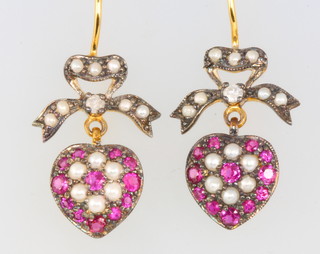 A pair of gilt diamond, ruby and pearl heart ear drops