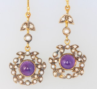 A pair of gilt amethyst, diamond and seed pearl earrings