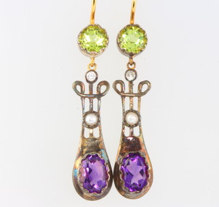 A pair of gilt amethyst seed pearl and peridot Edwardian style drop earrings 