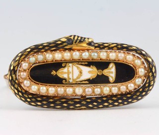 A William IV yellow gold seed pearl and enamel in memoriam brooch 
