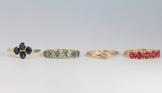 Three 9ct yellow gold gem set rings size Q and a ditto size O 