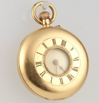 A lady's 18ct yellow gold half hunter fob watch with engraved monogram 