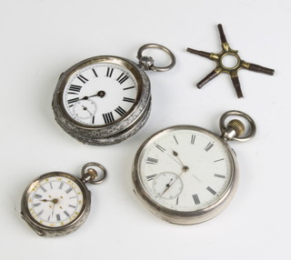 A silver cased keywind pocket watch, a ditto mechanical pocket watch and a lady's fob watch 