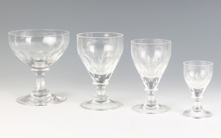 A set of table glassware comprising 4 liqueur glasses, 8 sherry, 12 wines and 10 champagne coups 