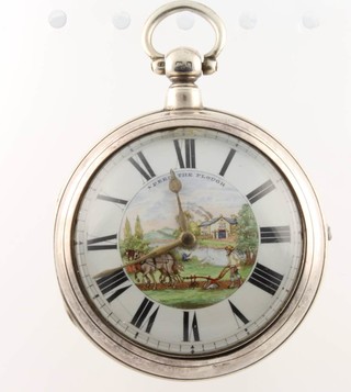 A 19th Century silver cased keywind pocket watch London 1862, the dial later decorated with a view "Speed The Plough" 