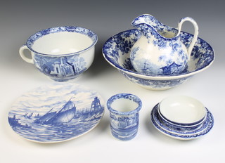 A blue and white Abbey pattern chamber pot, a jug and bowl and minor items